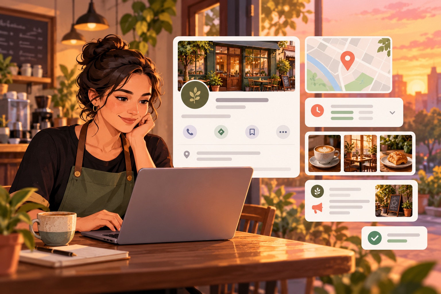 Generated editorial illustration of a café owner reviewing a generic local business profile, opening hours, photos, and an update.