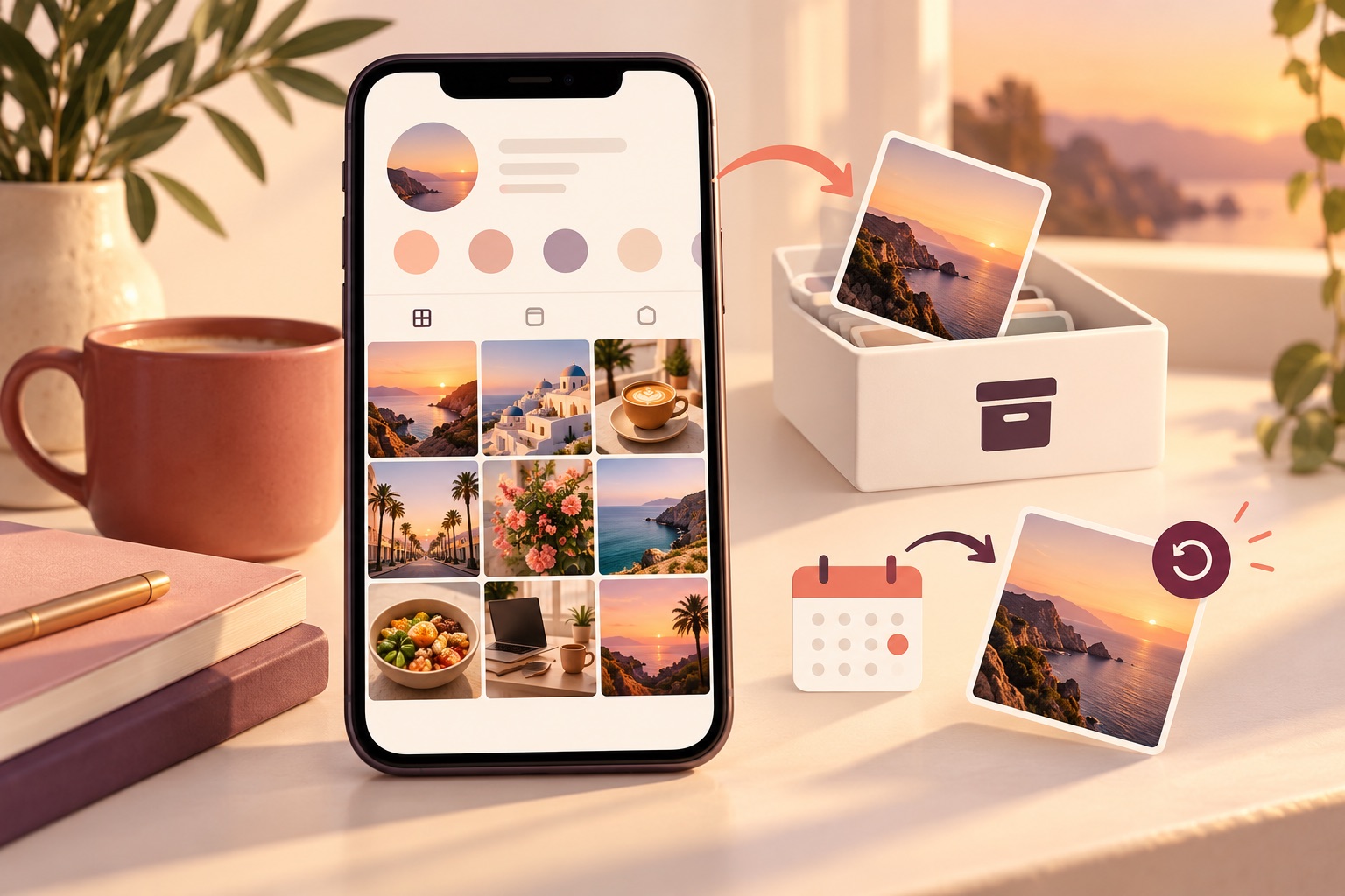 Generated editorial illustration showing a social post moving from a profile grid into an archive and later returning to the grid.