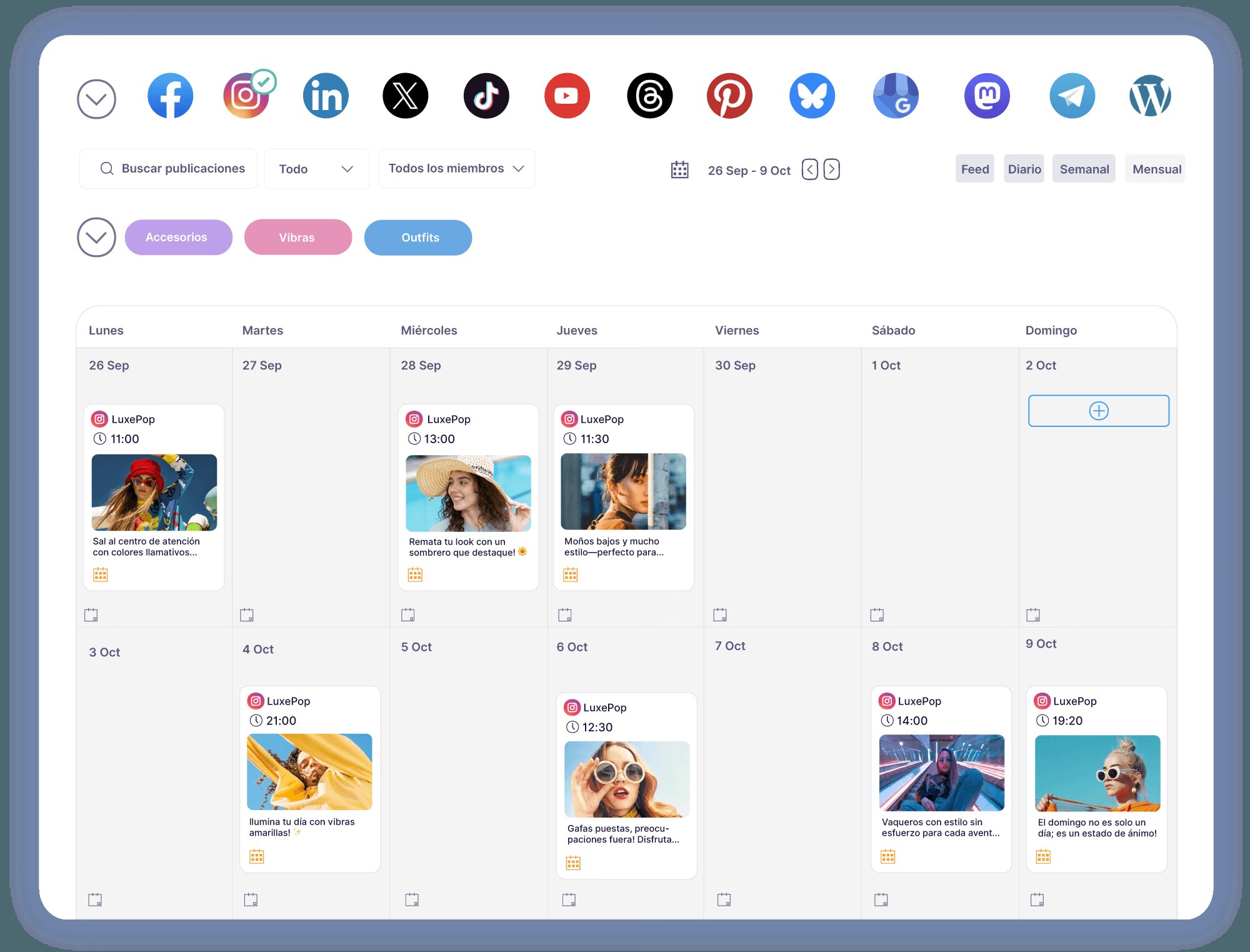 Publer calendar screenshot showing scheduled Instagram posts across a week, with network filters and scheduled items.